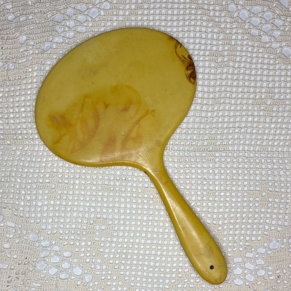 Vintage Vanity Handheld Mirror Celluloid Beveled Glass Pale Yellow Bakelite
